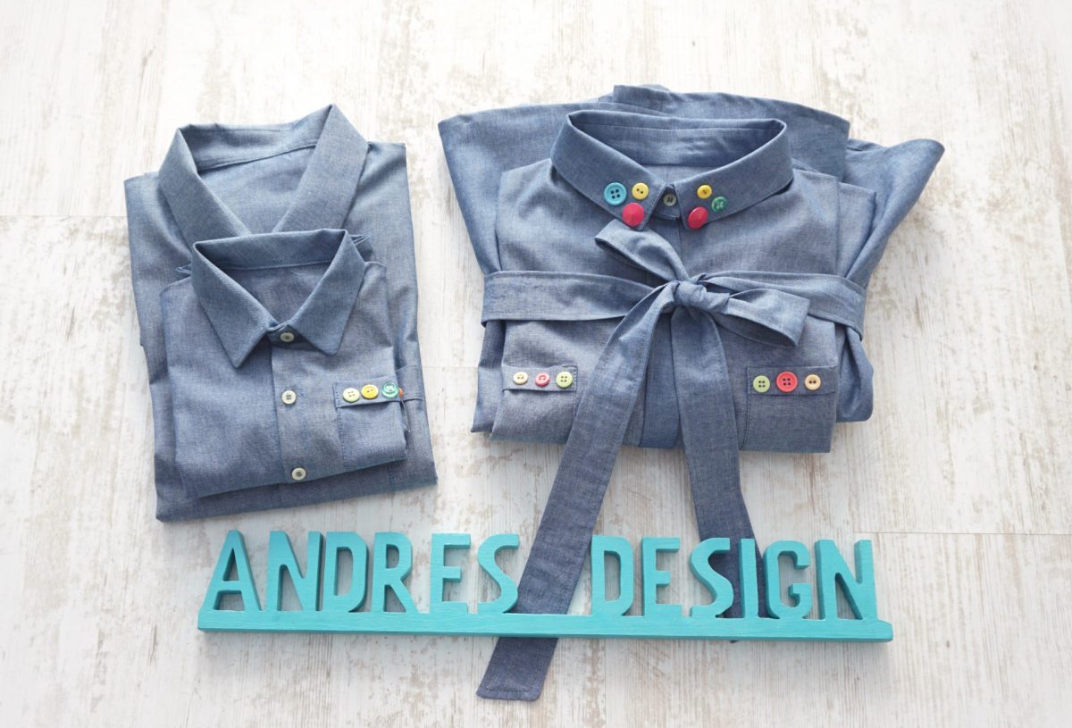 Cămăși Tată Fiu și Rochie Mamă Jeans cu Nasturi Colorați