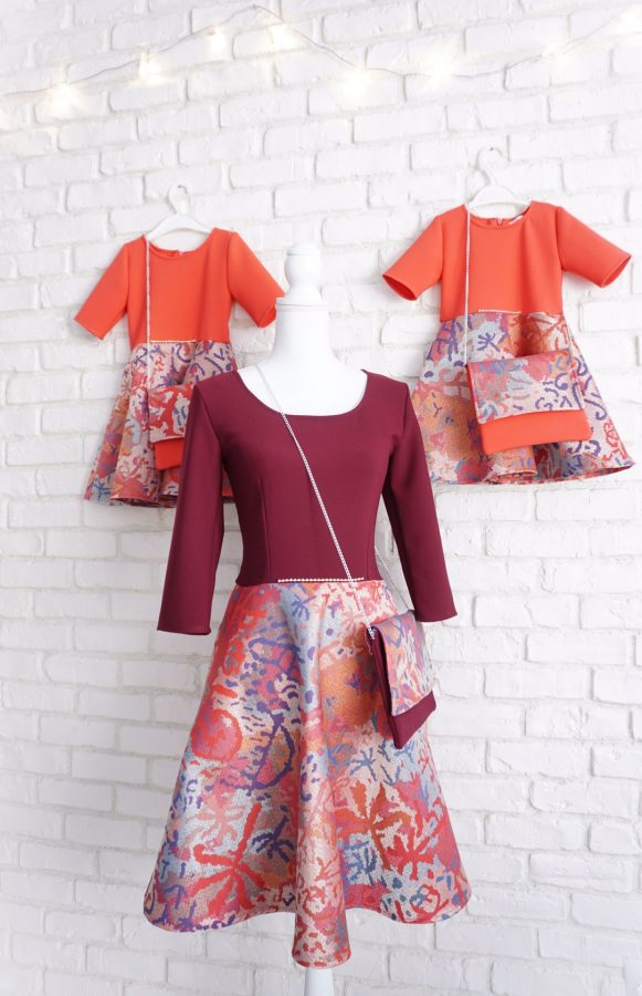 Rochii Clos Elegante Mama și Fiica Brocart Roșu