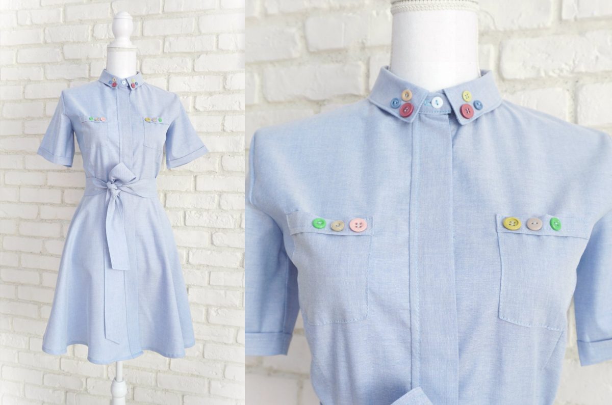 Rochie Clos Cămașă Bleu cu Nasturi Colorați