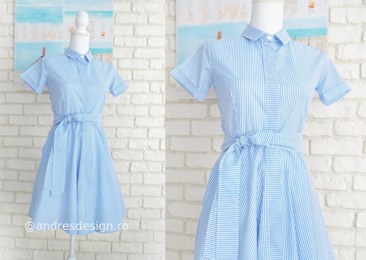 Rochie Cămașă Dungi Alb cu Bleu