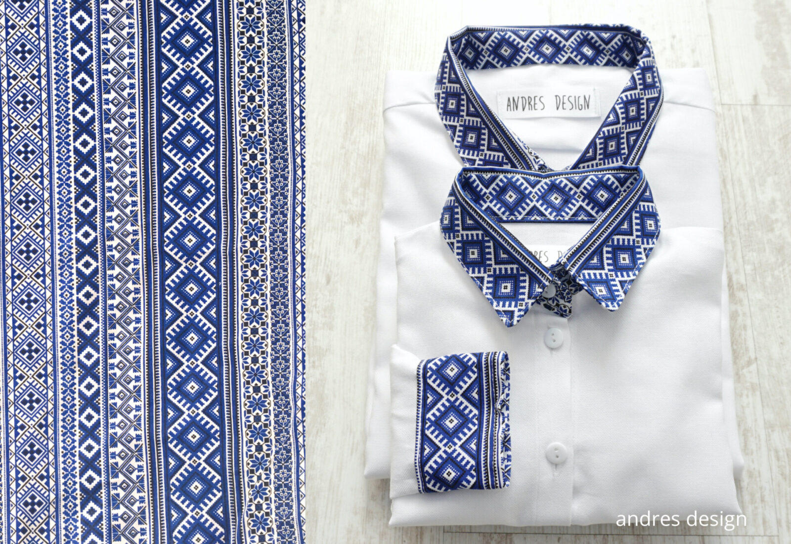 Camasi Tata Fiu – albe cu motive romanesti albastre