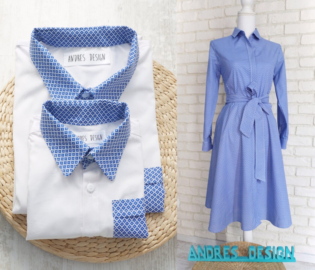 Rochie Mama și Cămăși Tata Fiu Albastru cu Alb