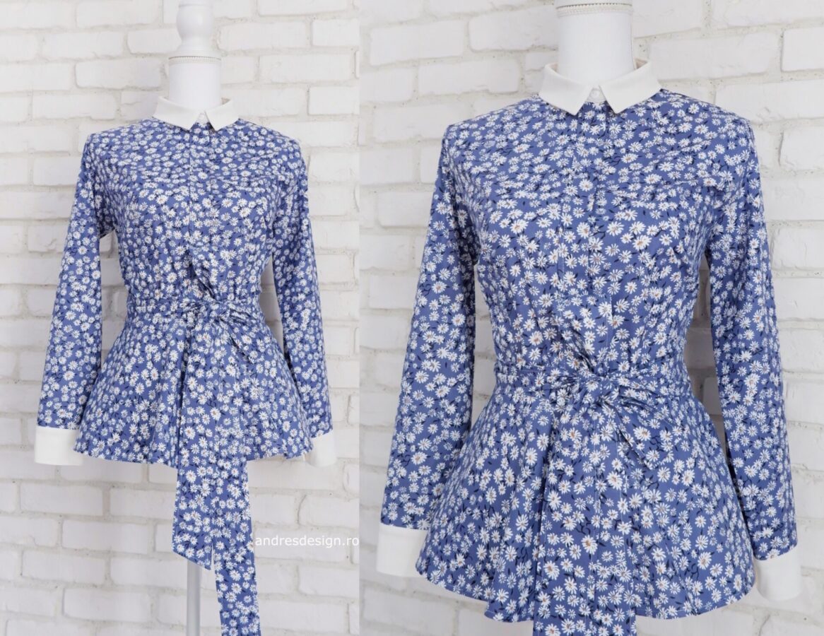 Cămașă Damă Volan Peplum Albastră cu Margarete