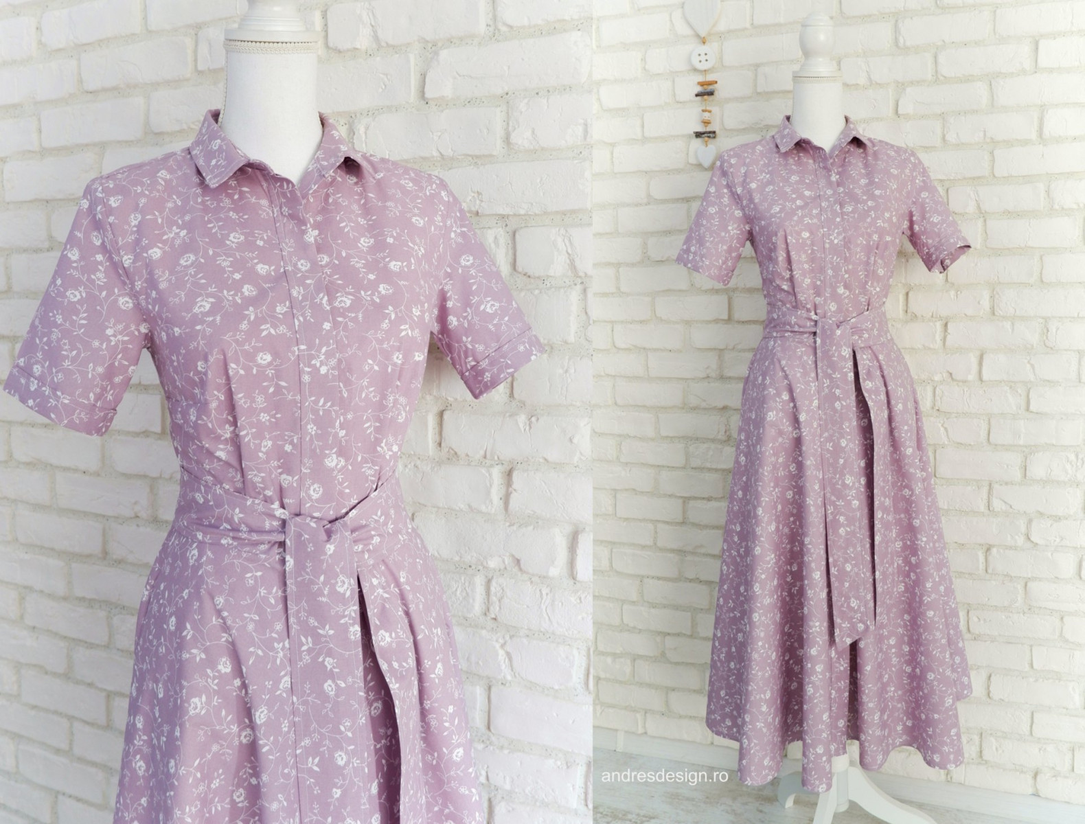 Rochie Camasa Maneca Scurta Lila cu Flori Albe