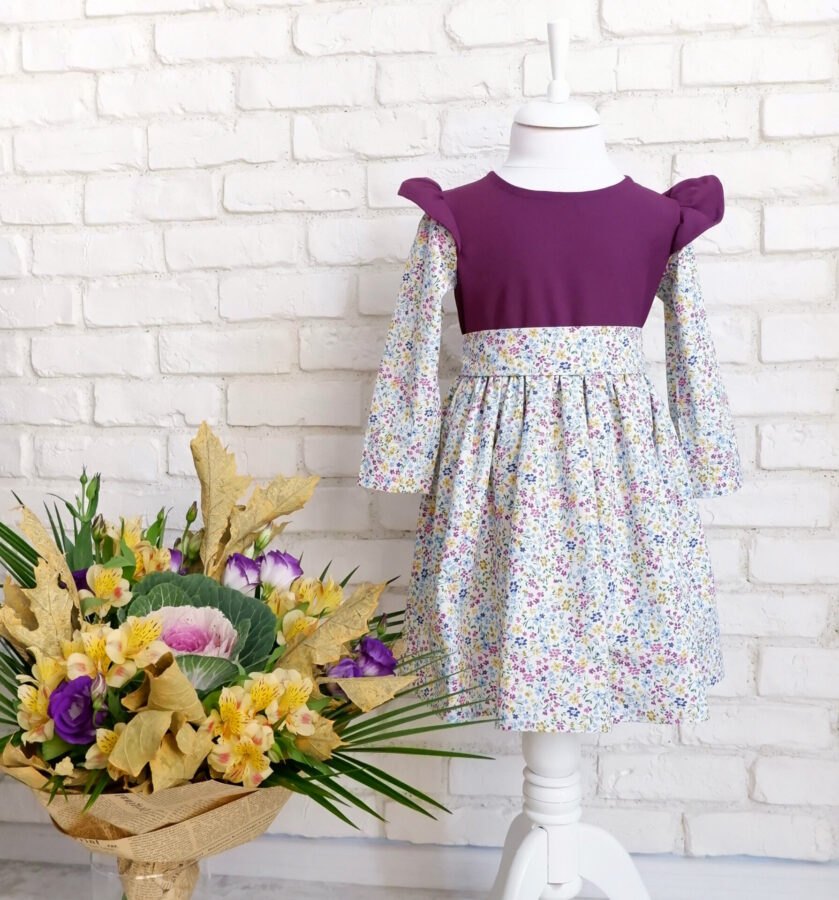 Rochiță Încrețită Fetite Mov cu Flori Colorate – 1