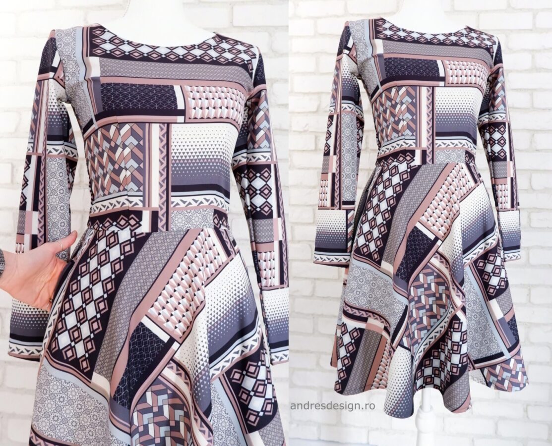 Rochie Clos Print Geometric Gri, Negru și Roz Prăfuit (măsura S)