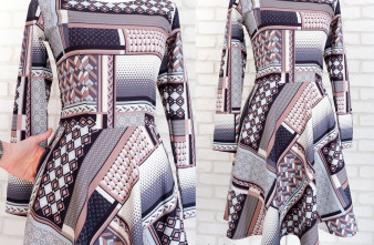 Rochie Clos Print Geometric Gri, Negru si Roz Prafuit (masura S)