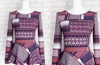 Bluza Volan Peplum Print Geometric Mov cu Bej