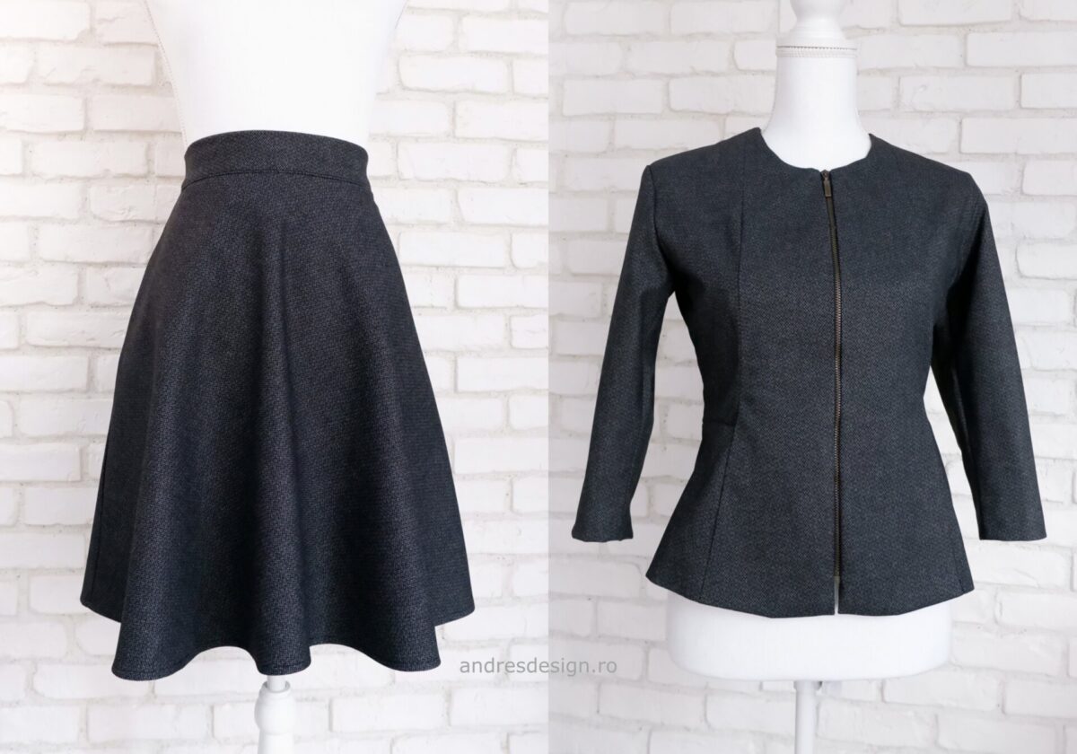 Costum Negru Fustă Clos și Sacou