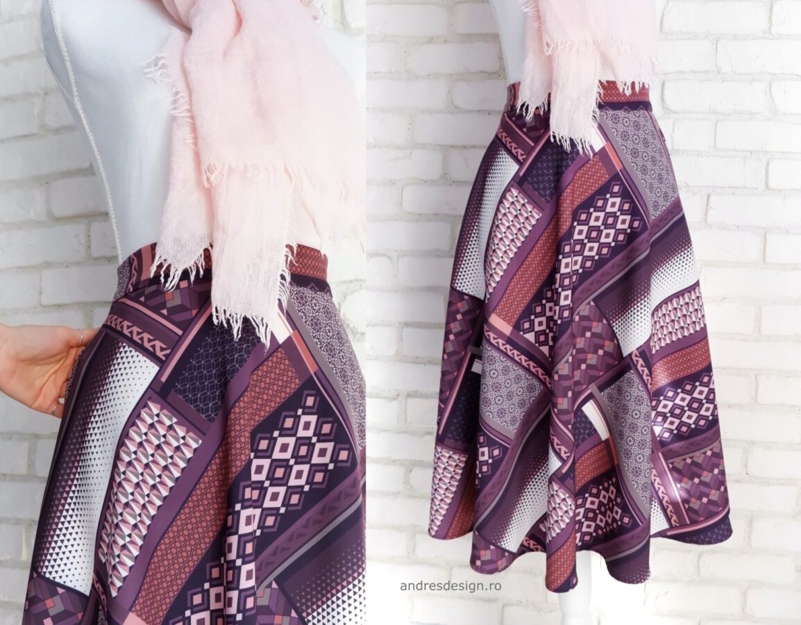 Fusta Clos Print Geometric Mov cu Bej (masura S)
