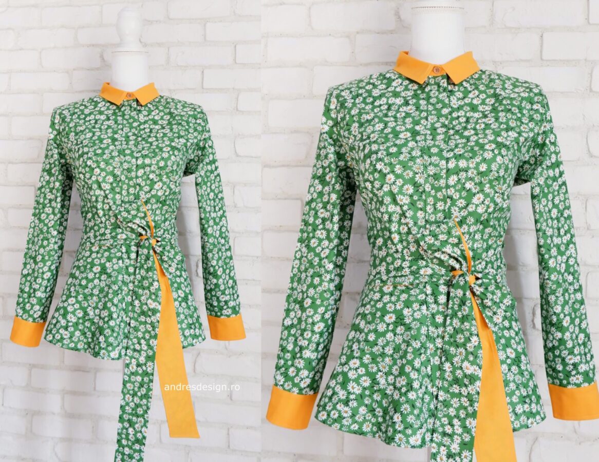 Cămașă Damă Volan Peplum Verde cu Margarete