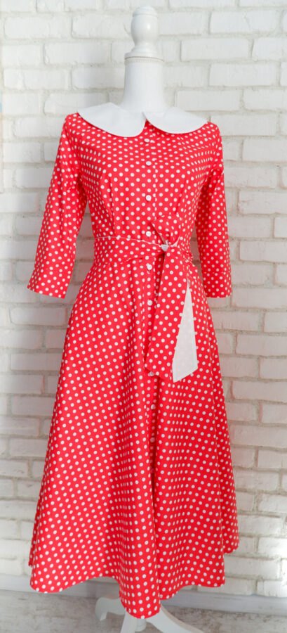 Rochie Cămașă Roșie cu Buline și Guler Mare Rotund Alb – 2