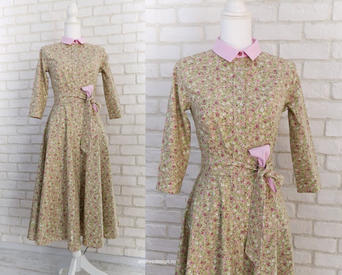 Rochie Cămașă Vernil cu Flori Mici Mov Lila