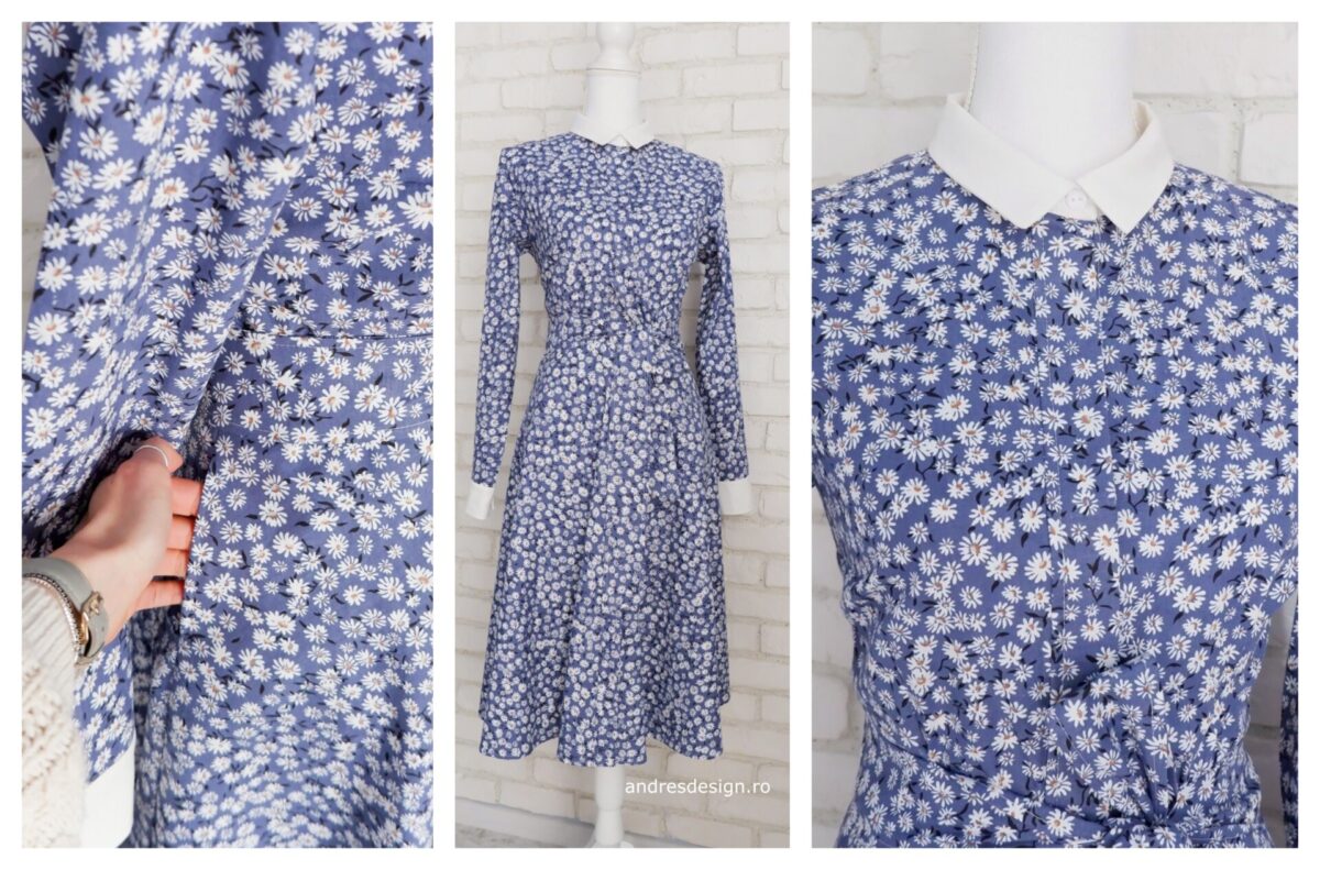 Rochie Cămașă Albastră cu Margarete Albe