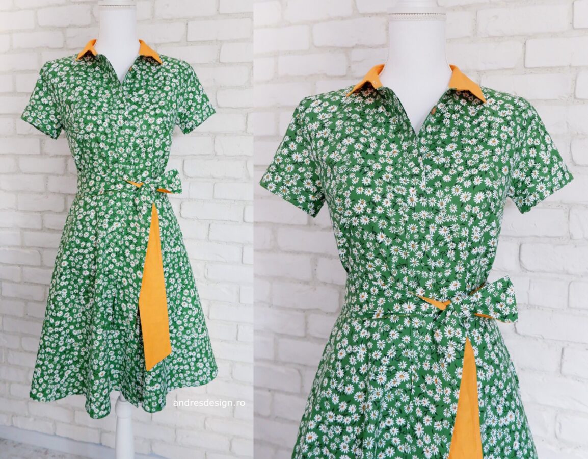 Rochie Cămașă Verde cu Margarete
