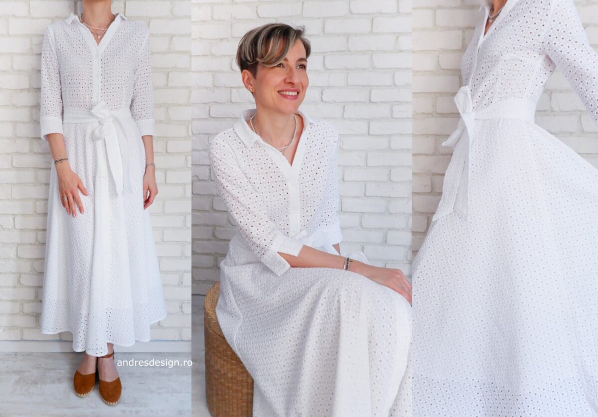 Rochie Lungă Elegantă Pânză Brodată Albă
