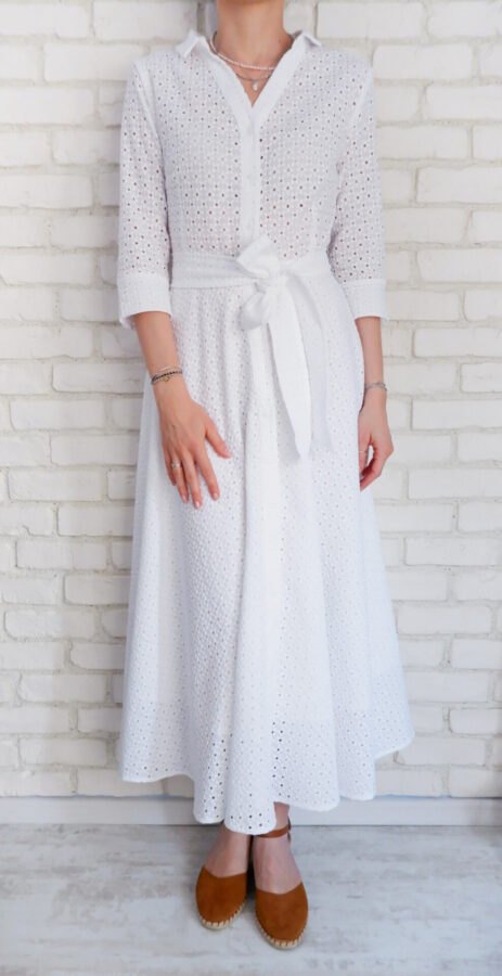 Rochie Lungă Elegantă Pânză Brodată Albă – 5