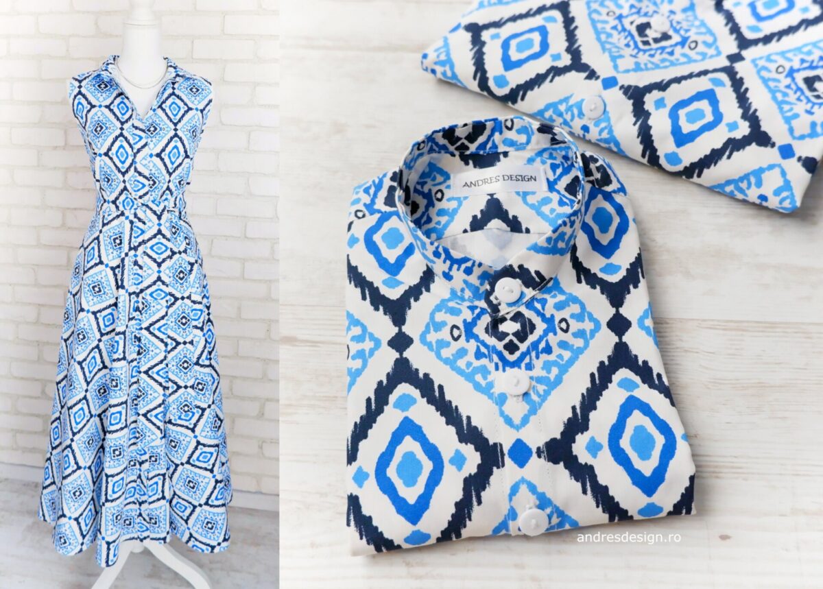 Rochie Mamă și Cămăși Tată Fiu Albastru cu Alb