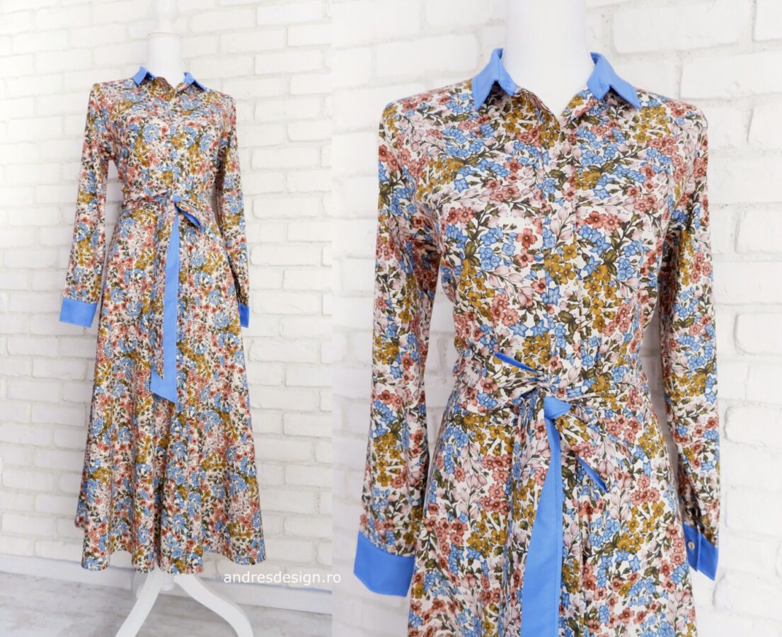Rochie Cămașă Lungă Flori Bej cu Albastru