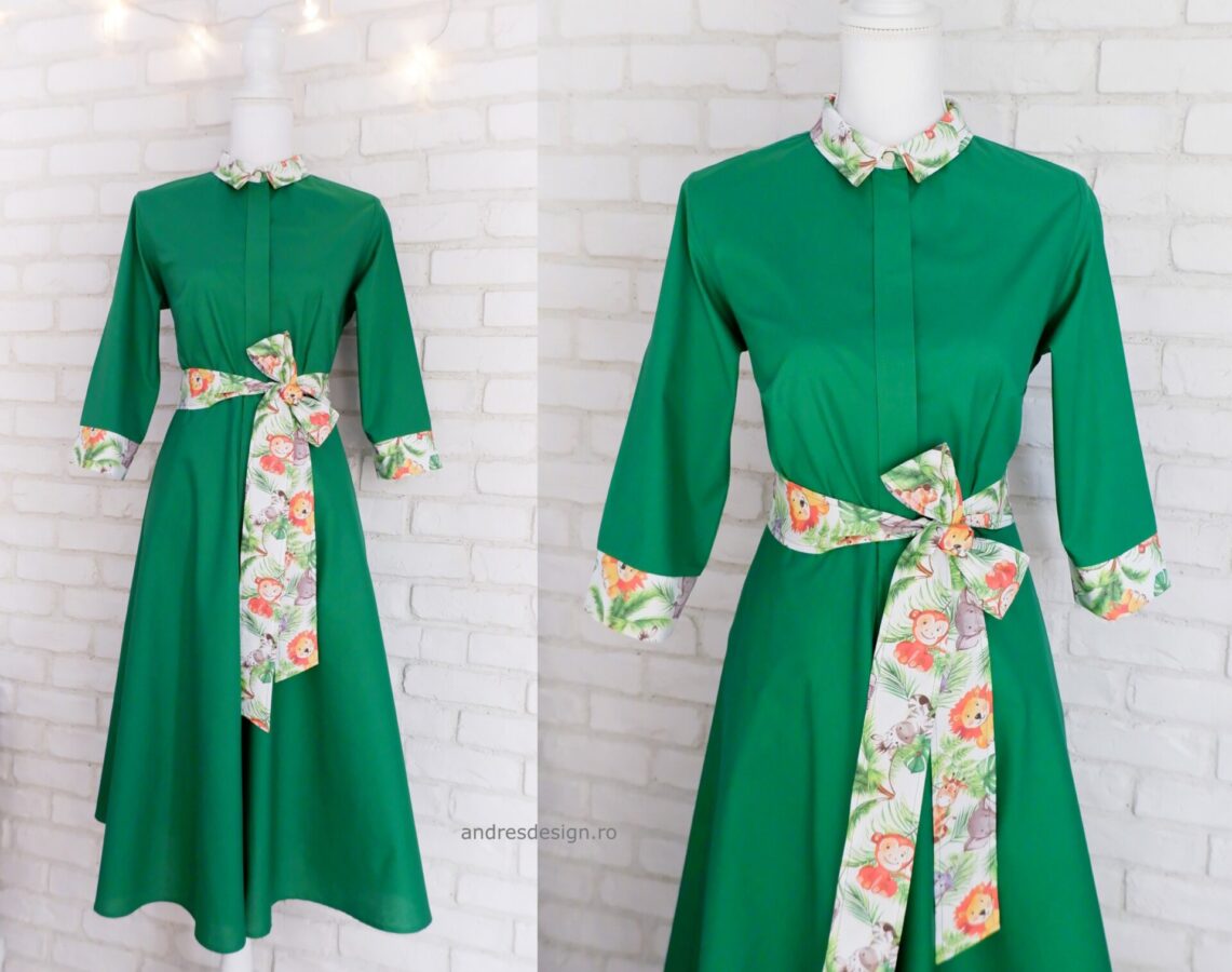 Rochie Cămașă Verde cu Animale