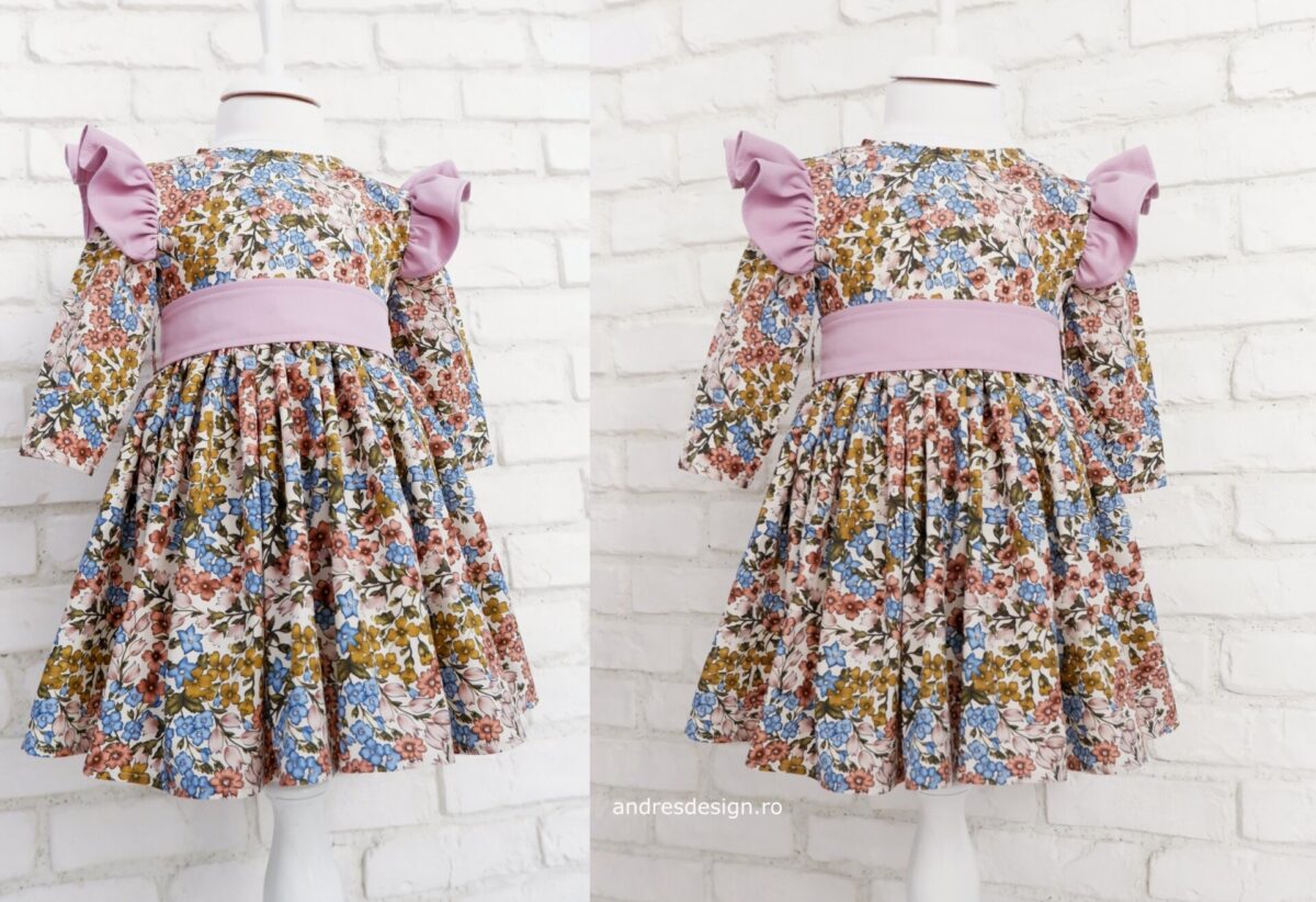 Rochie Cămașă Lungă Volane Încrețite Flori Bej cu Albastru – 5