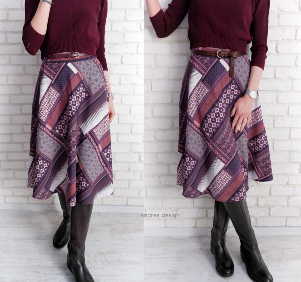 Fusta Clos Print Geometric Mov cu Bej