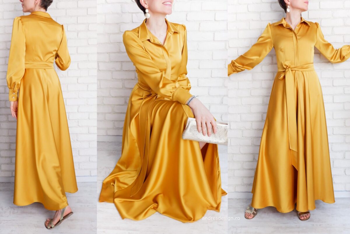 Rochie Lungă Elegantă Muștar Aurie