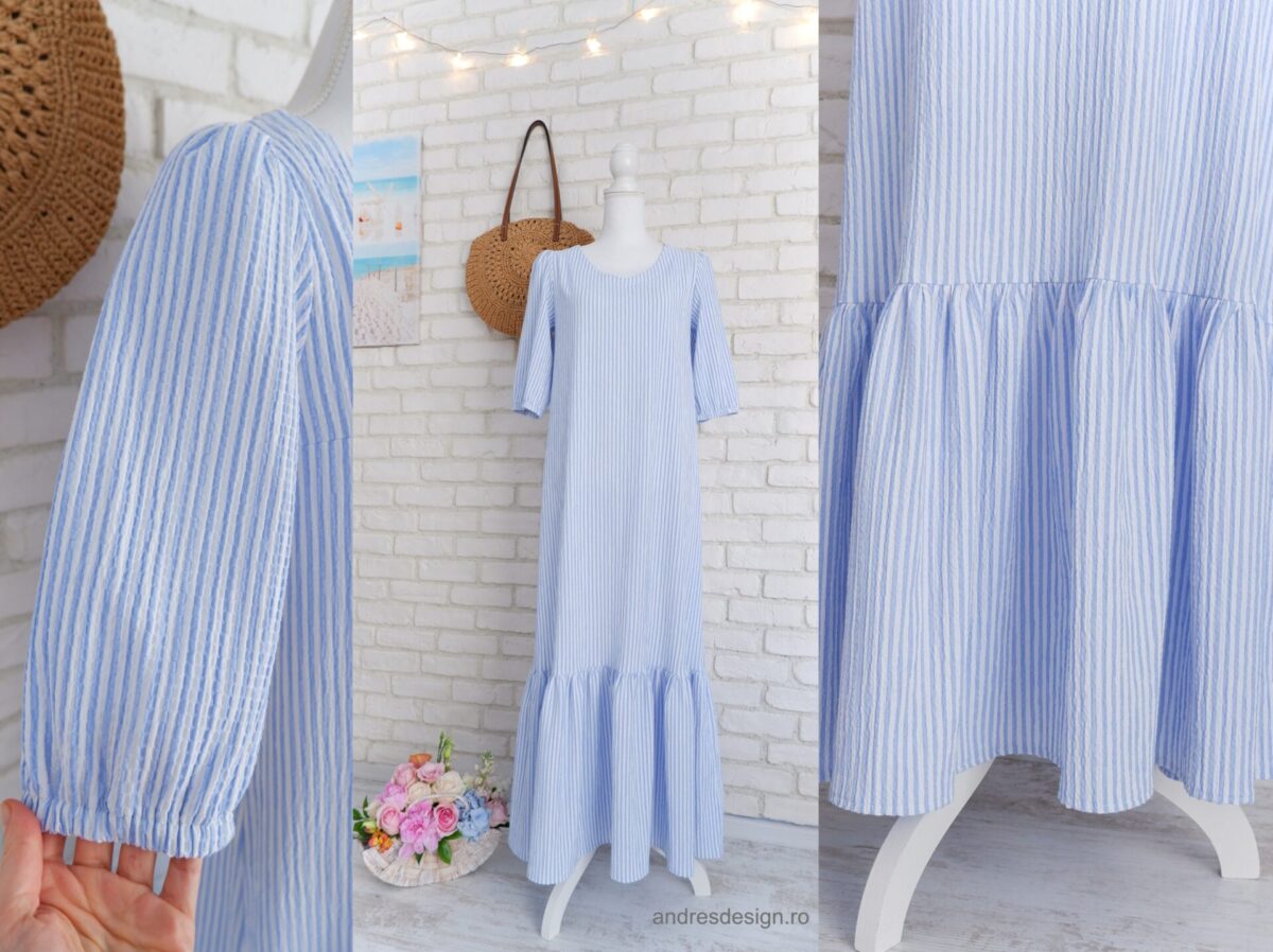 Rochie Lungă Volan Muselină Dungi Alb Bleu
