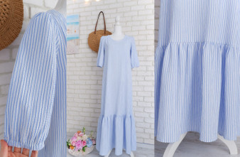 Rochie Lunga Volan Muselina Dungi Alb Bleu
