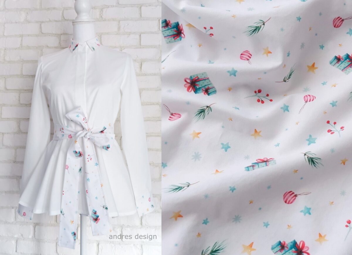 Cămașă Damă Volan Peplum Albă cu Motive Crăciun