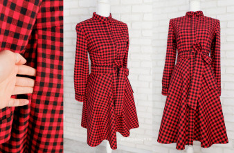 Rochie Camasa Stofa Carouri Rosu cu Negru