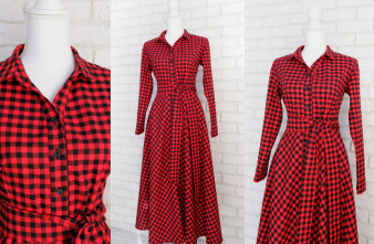 Rochie Camasa Decolteu in V Stofa Carouri Rosu Negru