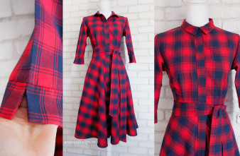 Rochie Camasa Stofa Carouri Rosu cu Bleumarin