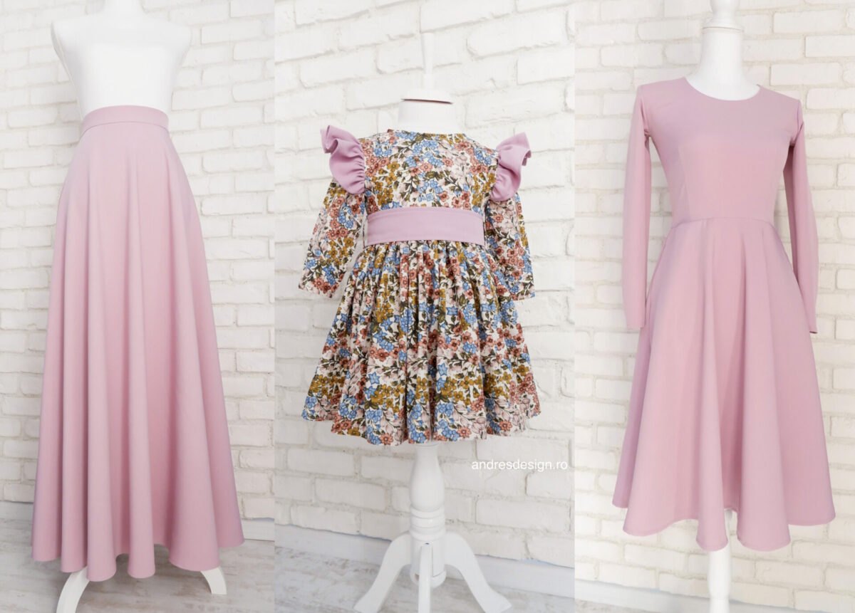 Set Haine Mama Fiica Roz Prafuit cu Flori