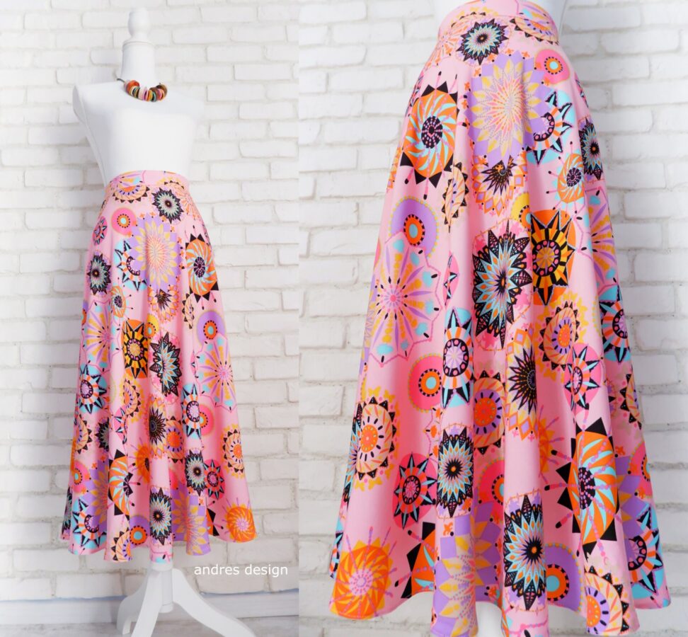 Bluză și Fustă Vaporoase Roz cu Print Multicolor – 1
