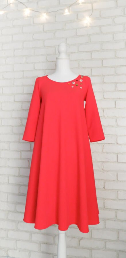Rochie în A Roșu Corai cu Nasturi Colorați – 1