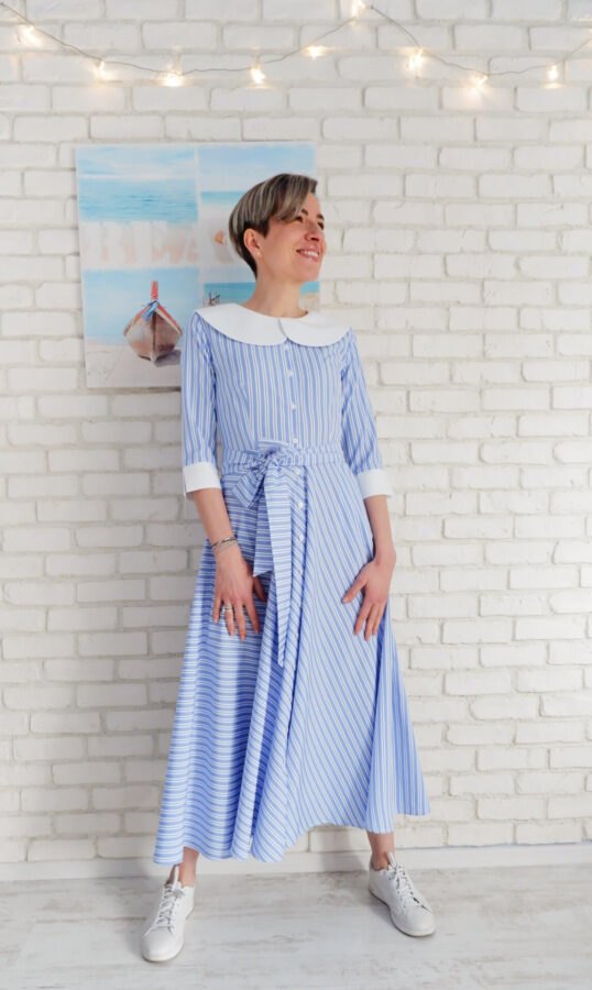 Rochie Cămașă Bleu cu Guler Mare Rotund – 1