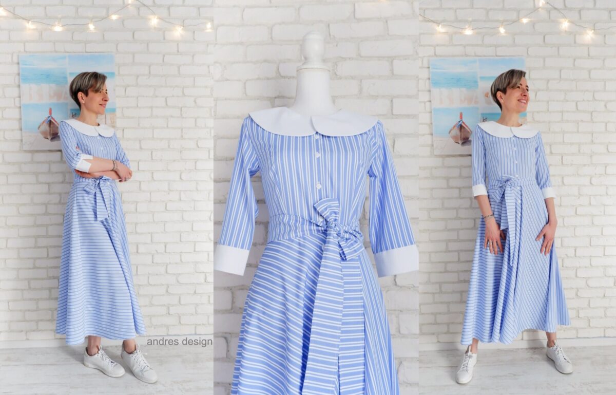 Rochie Cămașă Bleu cu Guler Mare Rotund