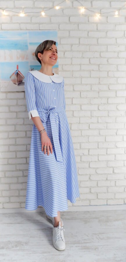 Rochie Cămașă Bleu cu Guler Mare Rotund – 3