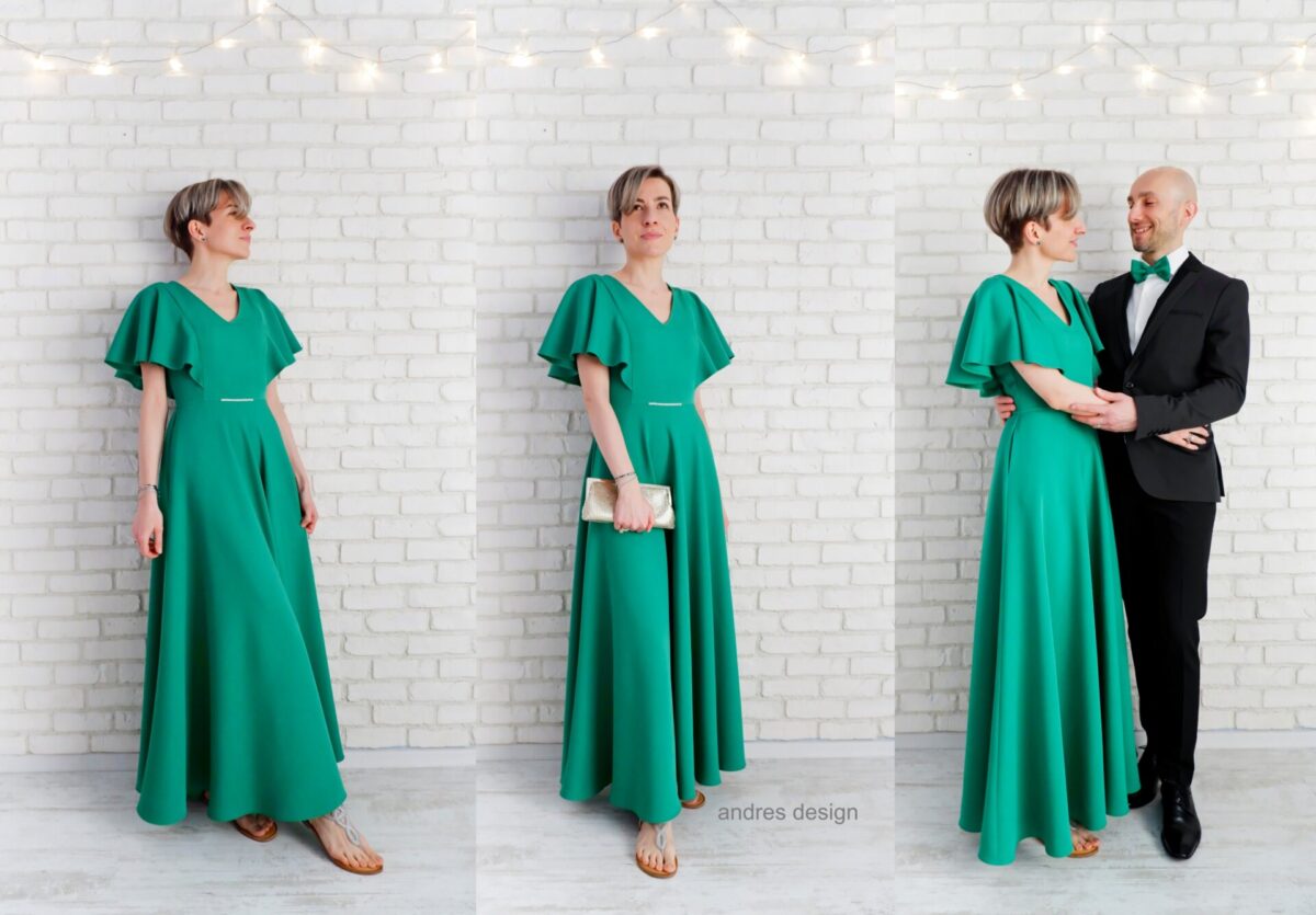Rochie Lungă Elegantă Verde cu Volane pe Umeri