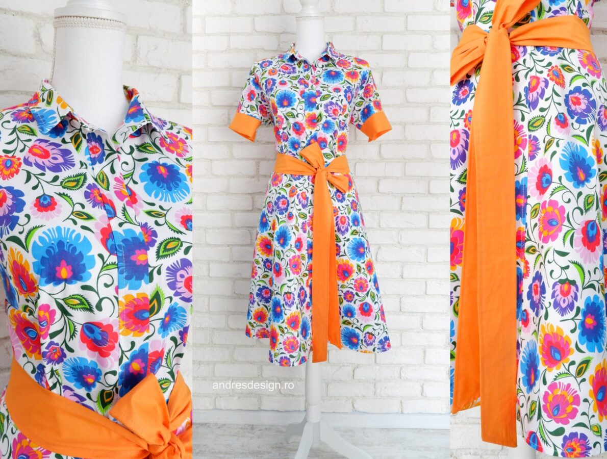 Rochie Cămașă Motive Tradiționale Flori Colorate