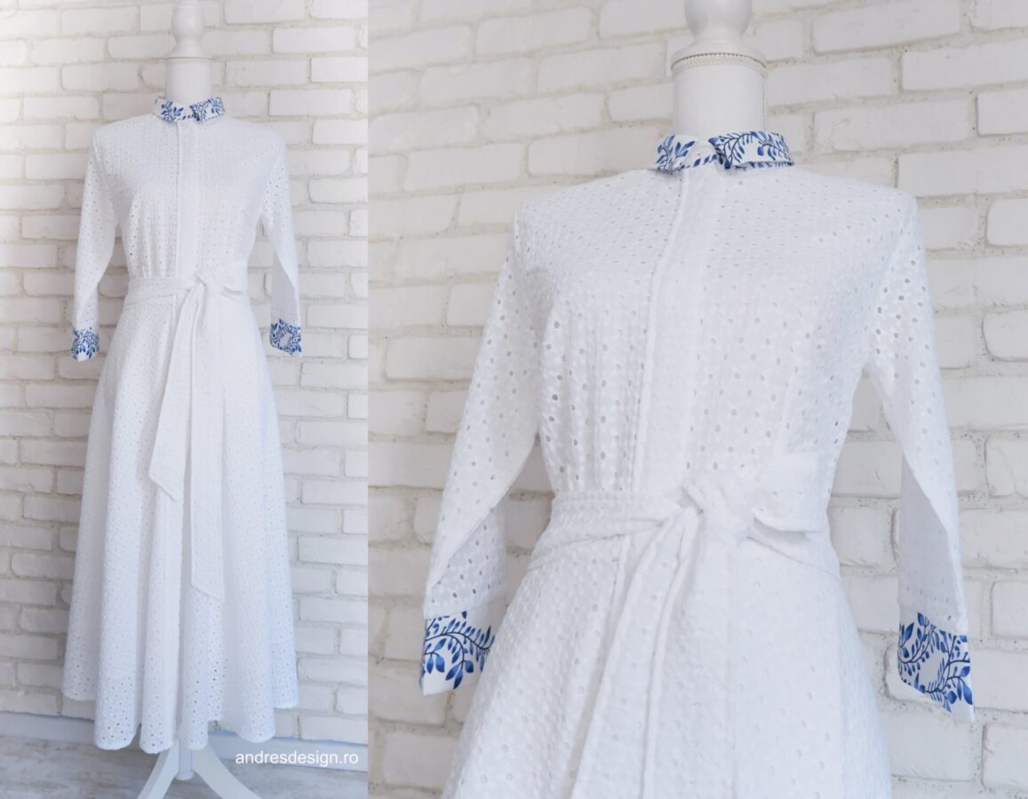 Rochie Cămașă Pânză Brodată Albă cu Detalii Albastre