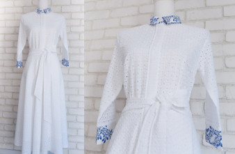 Rochie Camasa Panza Brodata Alba cu Detalii Albastre