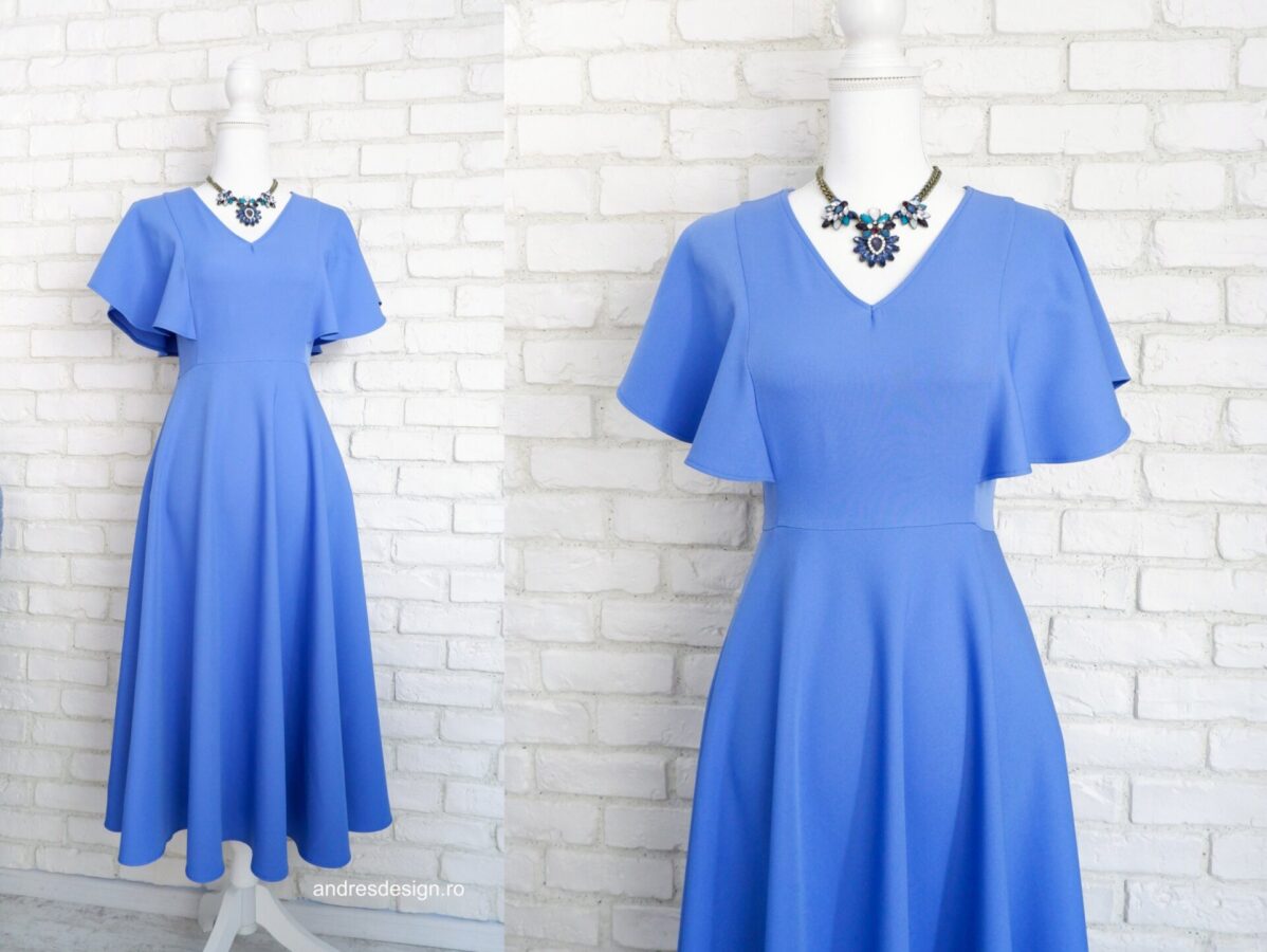 Rochie Clos Elegantă Bleu Serenity cu Volane pe Umeri