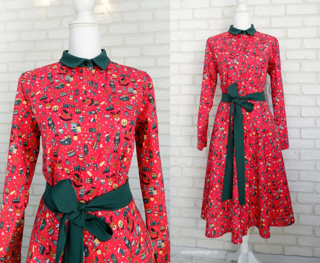 Rochie Cămașă Roșie cu Motive Crăciun