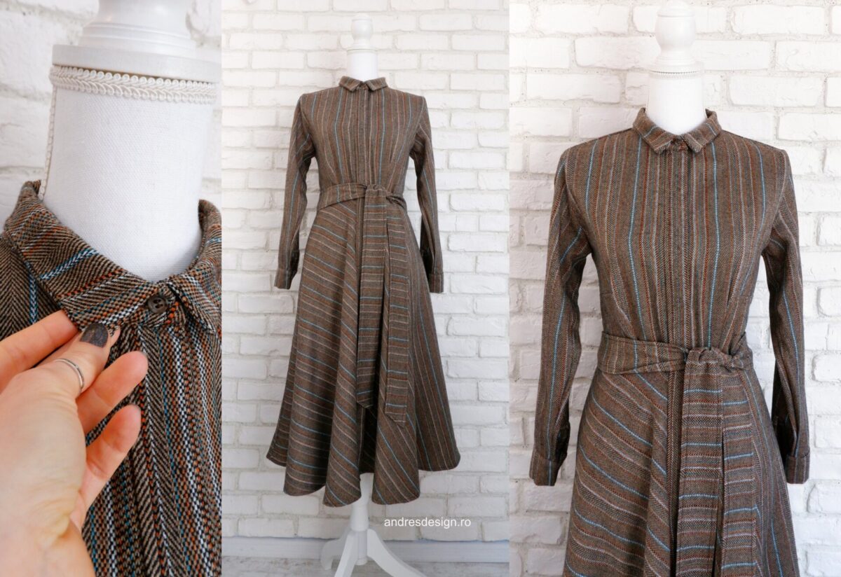 Rochie Cămașă Stofă Lână Maro cu Dungi
