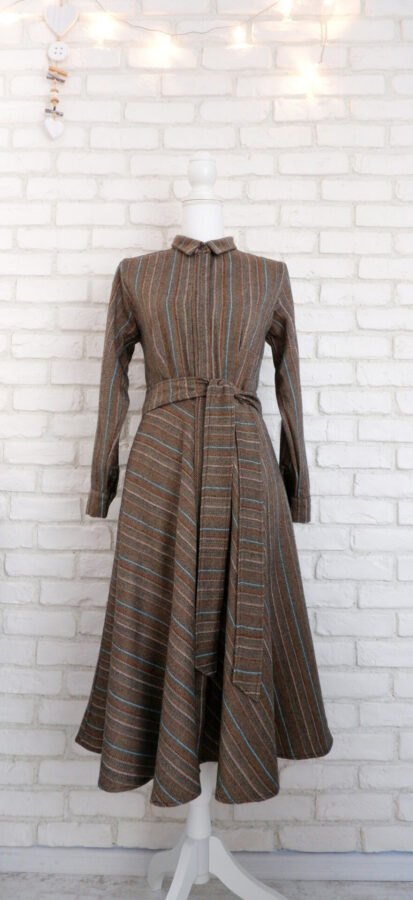 Rochie Cămașă Stofă Lână Maro cu Dungi – 2