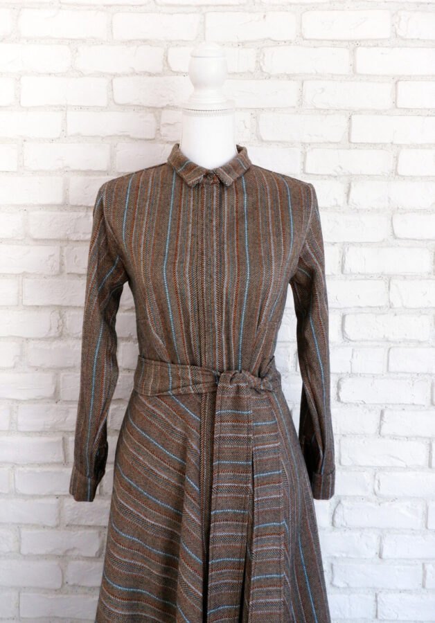 Rochie Cămașă Stofă Lână Maro cu Dungi – 1