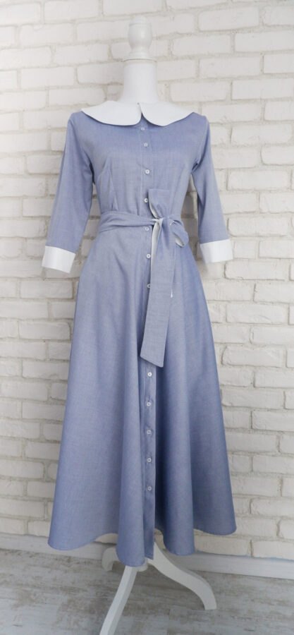 Rochie Cămașă Bleu cu Guler Mare Rotund Alb – 1