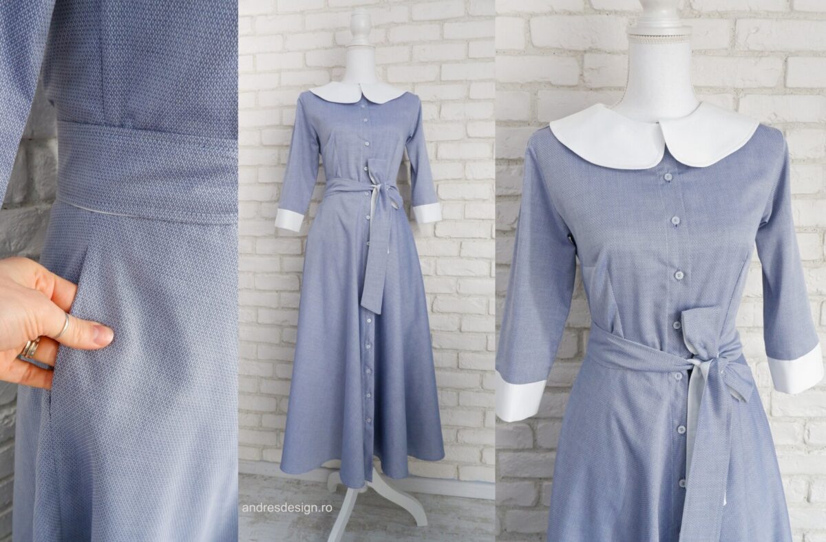 Rochie Cămașă Bleu cu Guler Mare Rotund Alb